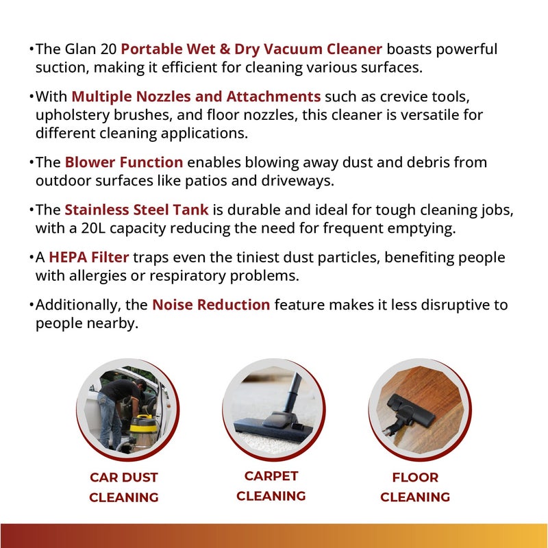 HOMEVAC HOMEVAC GLAN20 Portable Wet Dry Vacuum Cleaner1400 Watts Powerful Suction 20 litres Stainless Steel with Blowing HEPA Filter  - Image 4