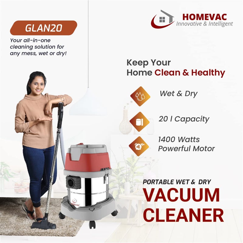 HOMEVAC HOMEVAC GLAN20 Portable Wet Dry Vacuum Cleaner1400 Watts Powerful Suction 20 litres Stainless Steel with Blowing HEPA Filter  - Image 2