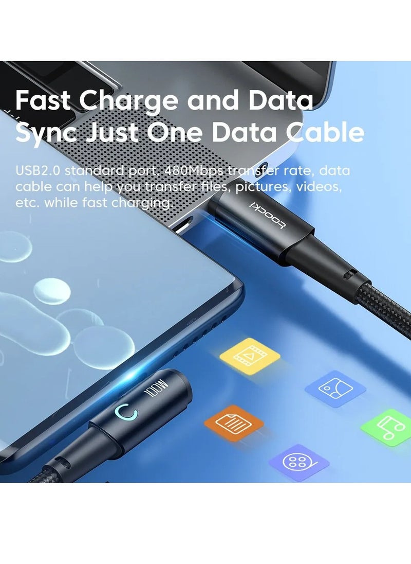 toocki - USB C Charging Cable, 5A Current Fast Charging USB C To USB C Cable With 90 Degree Angle, Portable And Flexible Charging Data Cable Wire For For Most Of The Mobile Phones, (100W, 2m Black) - Image 1