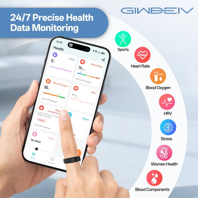 Giwbeiv Smart Ring for Women Men, Health Fitness Tracker Ring with Heart Rate/Sleep Tracker/Blood Oxygen/HRV/Stress/Calorie/Steps, IP68 Waterproof for iOS & Android, No APP Fees(Silver,9#) - Image 3
