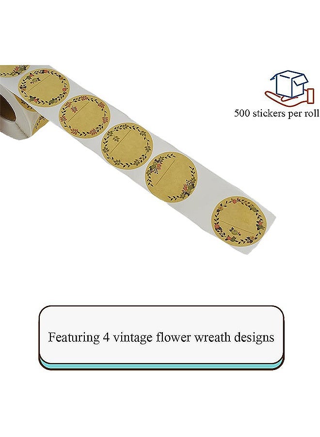 MXN 1.5 In 500Pcs Round Natural Brown Kraft Stickers with Vintage Flower Design - 4 Unique Styles Blank Kraft Labels Roll to Write On Durable Dot Stickers for Jar Canning Price Tags Store Organizing - Image 3
