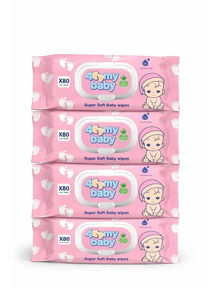 مناديل مبللة فائقة النعومة من فور ماي بيبي، 320 منديل (4 عبوات × 80 منديل) - وردي برائحة الصبار، خالية من الكحول