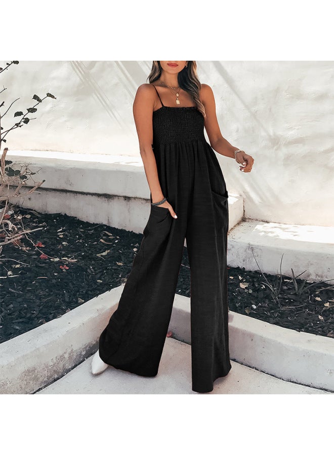 European And American Women's Clothing Spring New Style Solid Color Ruched Casual Fashion High-waisted Jumpsuit