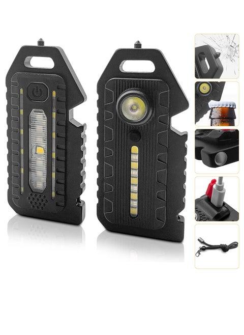 LED Small Flashlight, 2 Pcs Bright Rechargeable Keychain Flashlights 3 Light Modes Portable Magnetic Pocket Light with Hanging Rope Bottle Opener Window Breaker Whistle for Fishing Camping