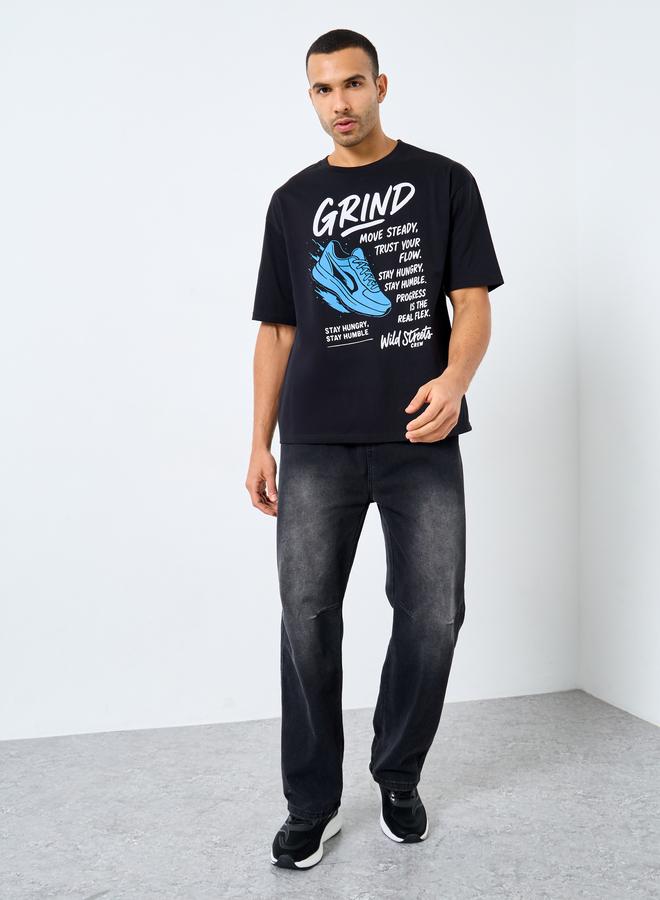 Styli Men Black Oversized Graphic Print Jersey T-Shirt - Image 2