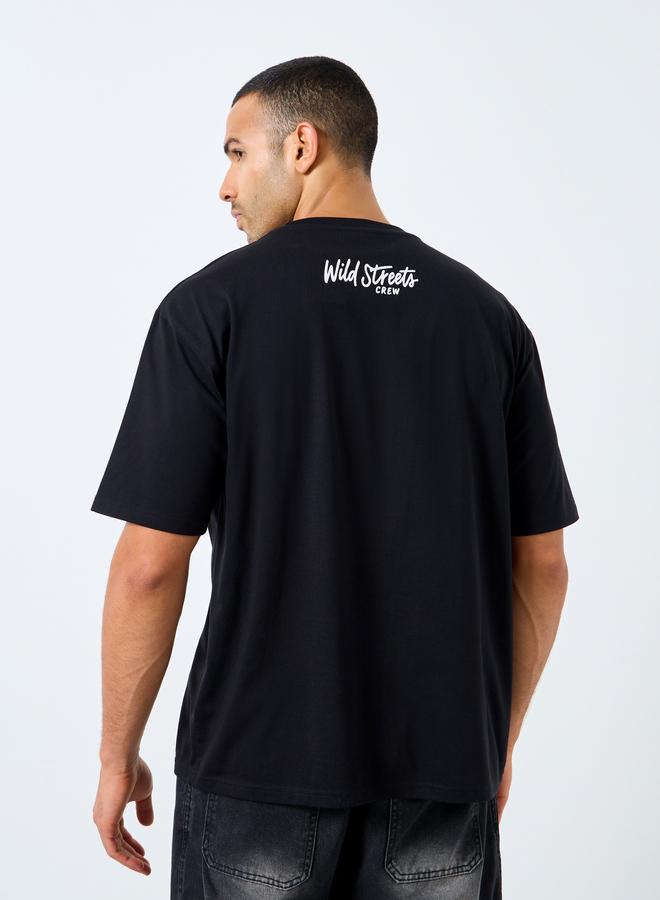 Styli Men Black Oversized Graphic Print Jersey T-Shirt - Image 4