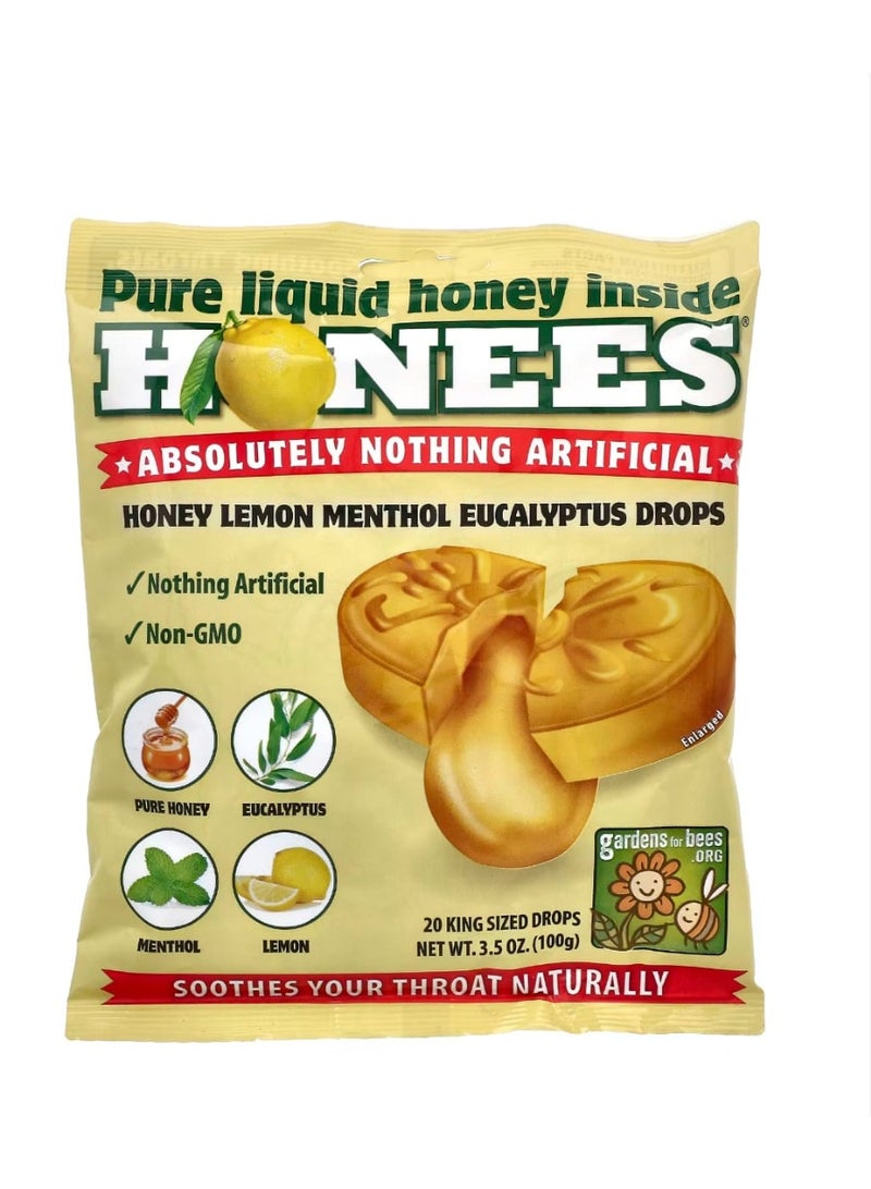 Honees Honey Lemon Menthol Eucalyptus Cough Drops 20 King Sized Drops 3.5 oz (100 g) - Image 1