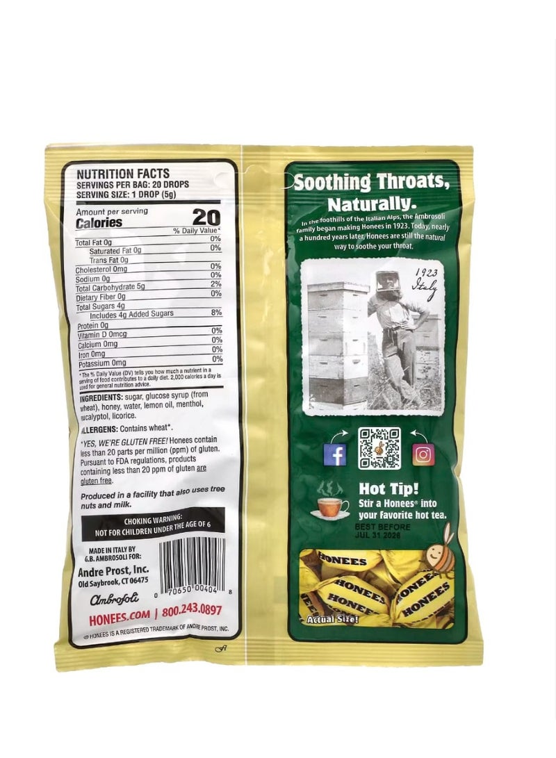 Honees Honey Lemon Menthol Eucalyptus Cough Drops 20 King Sized Drops 3.5 oz (100 g) - Image 2