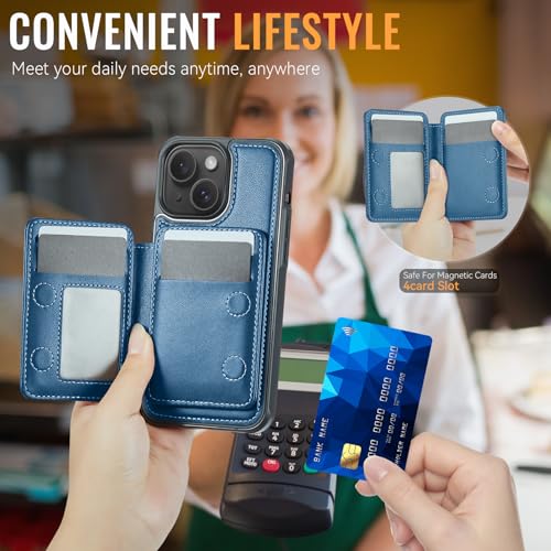 Usroom Compatible with Magsafe for iPhone 13 Wallet Case Magnetic Card Holder, RFID Blocking 2 in 1 Detachable Kickstand Shockproof Case for Women Men, Blue - Image 4