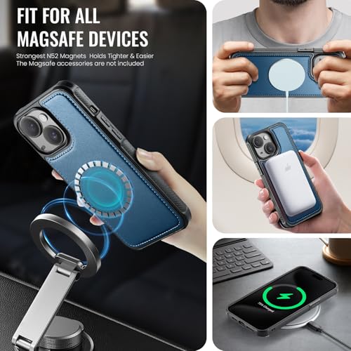 Usroom Compatible with Magsafe for iPhone 13 Wallet Case Magnetic Card Holder, RFID Blocking 2 in 1 Detachable Kickstand Shockproof Case for Women Men, Blue - Image 2