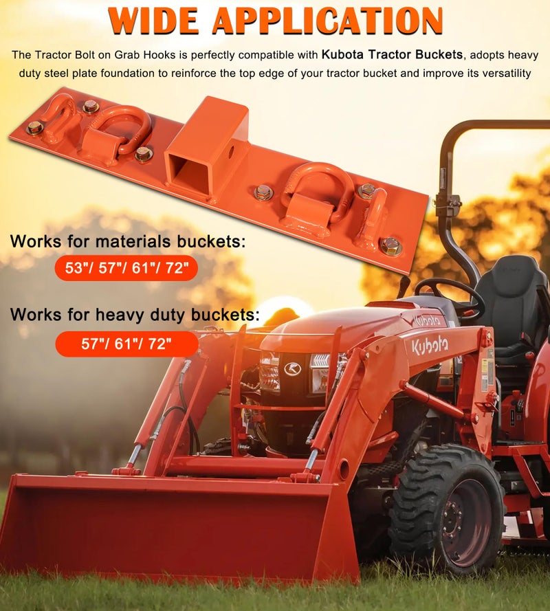 Bonbo Tractor Grab Hooks Compatible with Kubota Tractors - Bolted on Compact Tractor Bucket Grab Hooks with D Rings and 2" Receiver, Orange - Image 3