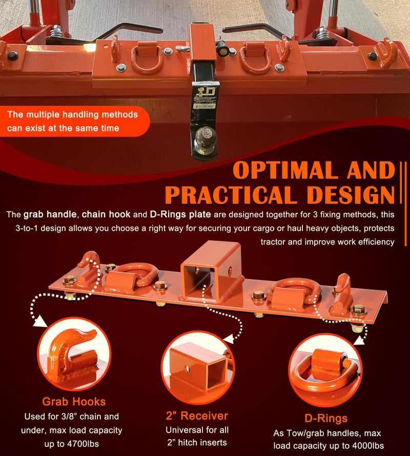 Bonbo Tractor Grab Hooks Compatible with Kubota Tractors - Bolted on Compact Tractor Bucket Grab Hooks with D Rings and 2" Receiver, Orange - Image 5