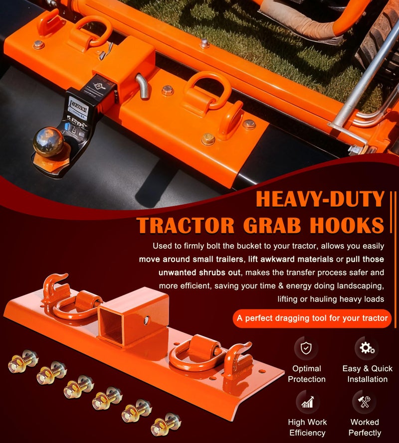 Bonbo Tractor Grab Hooks Compatible with Kubota Tractors - Bolted on Compact Tractor Bucket Grab Hooks with D Rings and 2" Receiver, Orange - Image 4