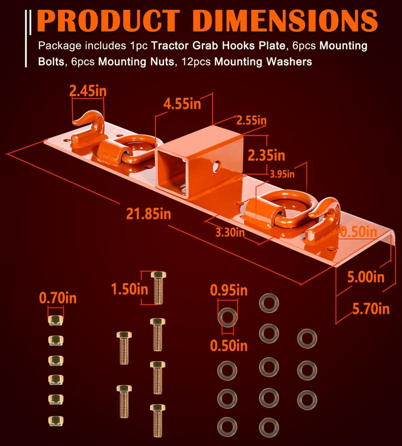 Bonbo Tractor Grab Hooks Compatible with Kubota Tractors - Bolted on Compact Tractor Bucket Grab Hooks with D Rings and 2" Receiver, Orange - Image 2