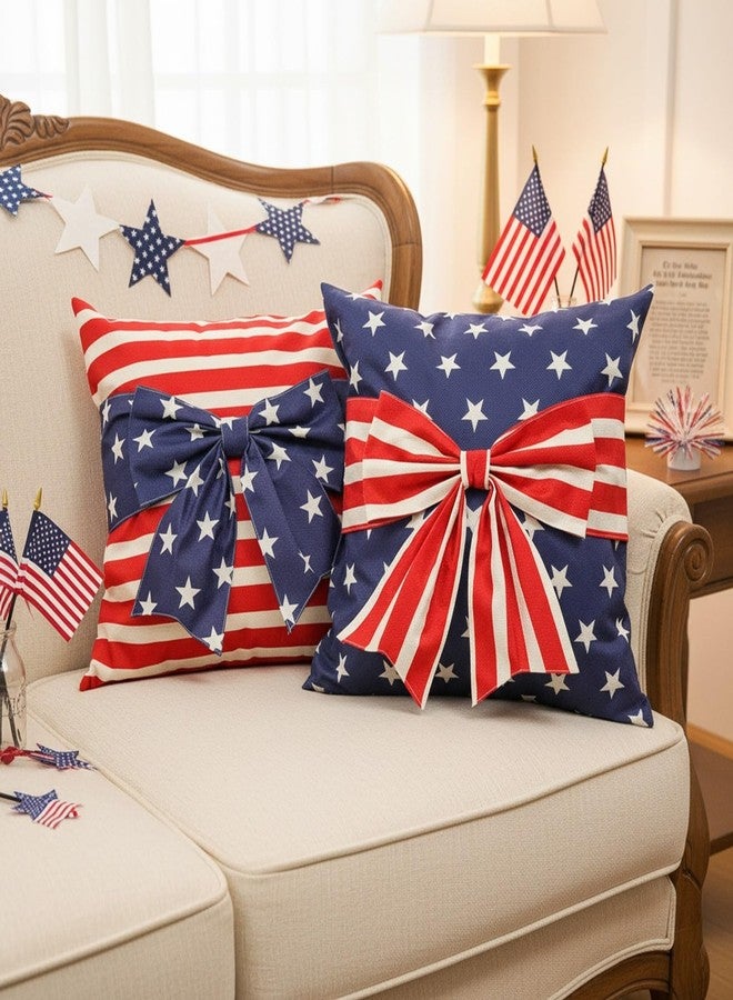 GAGEC 4th of July Pillow Cover 18x18 Inch Set of 2 Bow America Flag Stars Stripes Patriotic 3D Pillowcase Memorial Independence Day Decorations for Holiday Farmhouse Home Sofa Cushion Case - Image 5