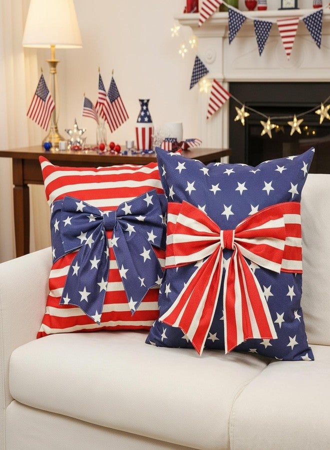 GAGEC 4th of July Pillow Cover 18x18 Inch Set of 2 Bow America Flag Stars Stripes Patriotic 3D Pillowcase Memorial Independence Day Decorations for Holiday Farmhouse Home Sofa Cushion Case - Image 2