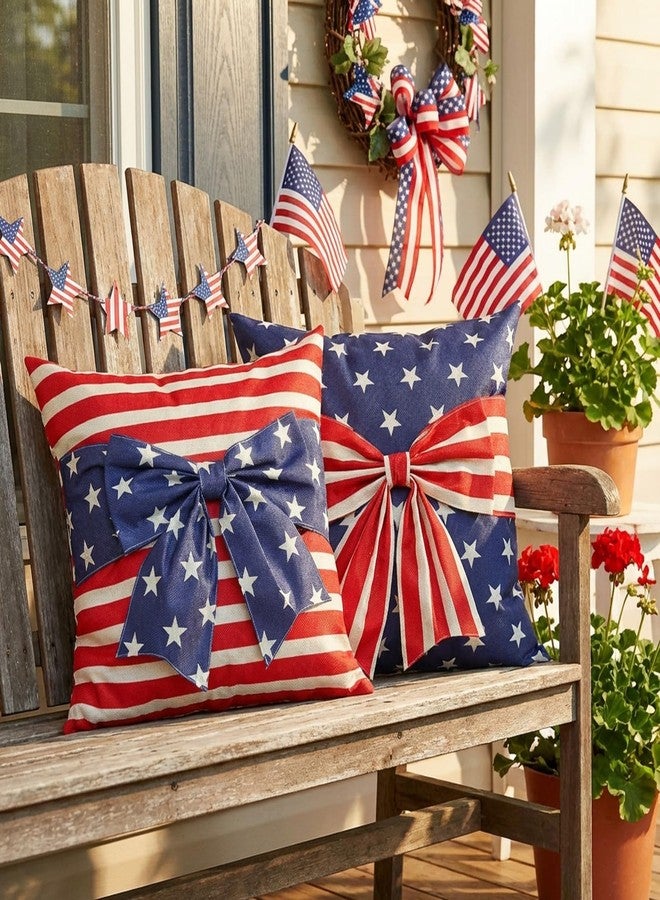 GAGEC 4th of July Pillow Cover 18x18 Inch Set of 2 Bow America Flag Stars Stripes Patriotic 3D Pillowcase Memorial Independence Day Decorations for Holiday Farmhouse Home Sofa Cushion Case - Image 4