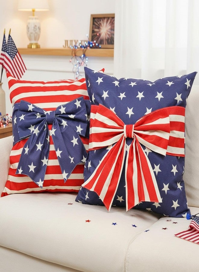 GAGEC 4th of July Pillow Cover 18x18 Inch Set of 2 Bow America Flag Stars Stripes Patriotic 3D Pillowcase Memorial Independence Day Decorations for Holiday Farmhouse Home Sofa Cushion Case - Image 1