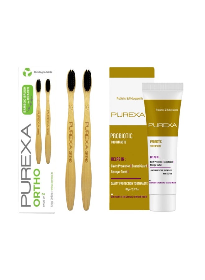 PUREXA Orthodontic Bamboo Toothbrush With Probiotic Toothpaste 100g | Ortho Bamboo Toothbrush For Braces With Charcoal Activated Soft Bristles Antibacterial and Biodegradable - Image 1