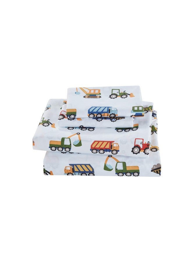 Fancy Linen Crib Sheet Set Flat Fitted and Pillow Case Set for Boys/Girls Multi Color Under Construction Zone Excavators Dumping Trucks Tractors Light Blue Red Yellow Dark Blue New