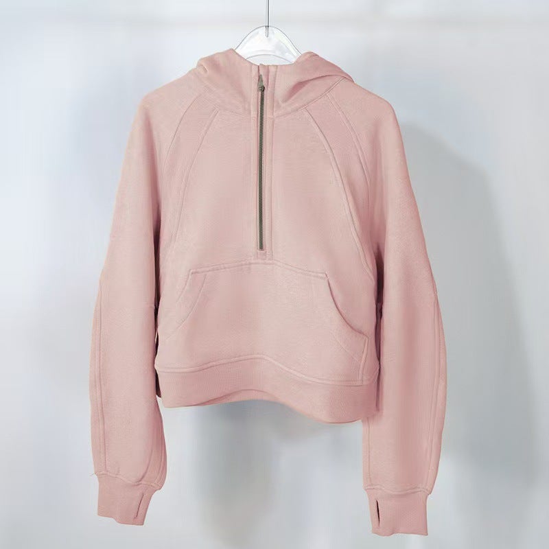 American Style Hooded Autumn and Winter Yoga Suit Half Zip terry Sweat Casual Loose Short fleece-lined Sweat Light pink 