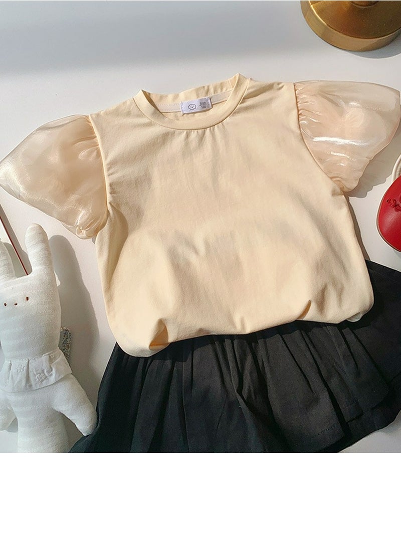 Loquat Girl's Lantern Short Sleeve Crew Neck T-Shirt Cotton Puff Sleeve Tees Apricot  - Image 1
