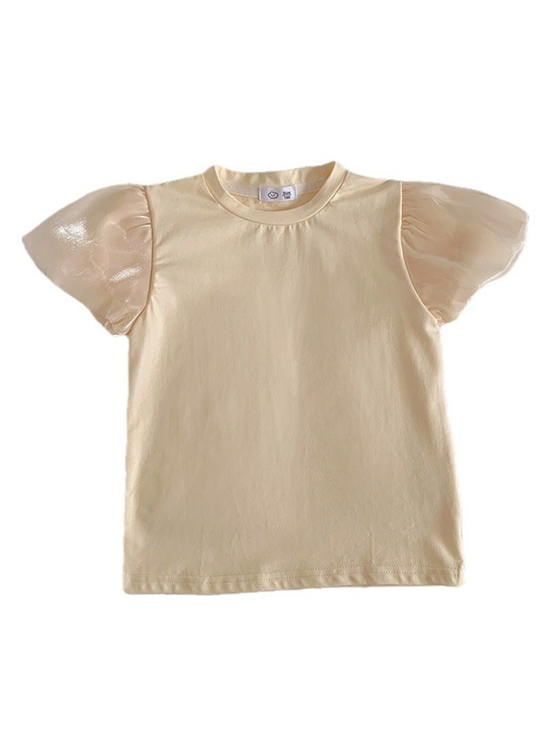 Loquat Girl's Lantern Short Sleeve Crew Neck T-Shirt Cotton Puff Sleeve Tees Apricot  - Image 2
