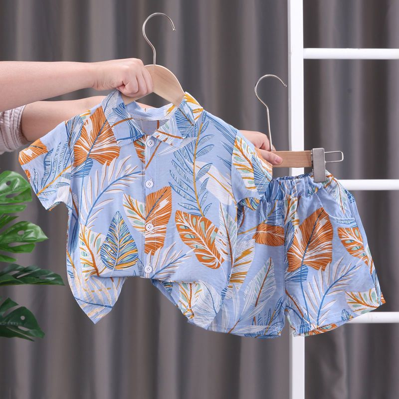 Generic Boys Short-sleeved Floral Shirt Childrens Summer Beach Shirt and Shorts Two-piece 2024 New Fashionable Baby Clothes 7-Blue 