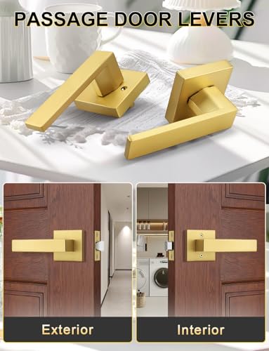 Tinewa 6 Pack Gold Keyless Square Levers Handles, Satin Brass Finish, Interior Passage Door Locksets for Hall Closet Door Knobs Lock Reversible Right & Left Handed - Image 2