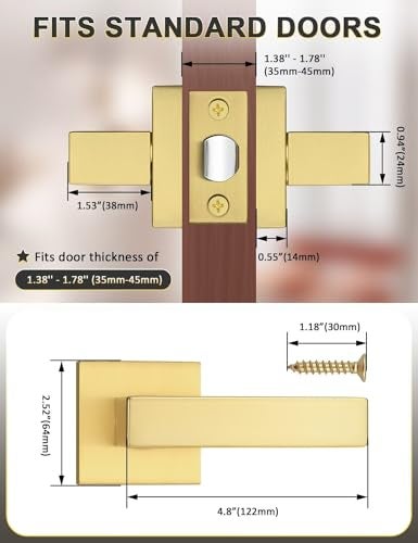 Tinewa 6 Pack Gold Keyless Square Levers Handles, Satin Brass Finish, Interior Passage Door Locksets for Hall Closet Door Knobs Lock Reversible Right & Left Handed - Image 5