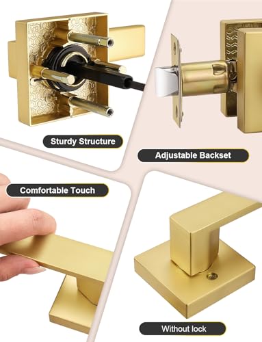 Tinewa 6 Pack Gold Keyless Square Levers Handles, Satin Brass Finish, Interior Passage Door Locksets for Hall Closet Door Knobs Lock Reversible Right & Left Handed - Image 3