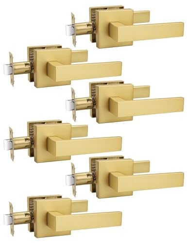 Tinewa 6 Pack Gold Keyless Square Levers Handles, Satin Brass Finish, Interior Passage Door Locksets for Hall Closet Door Knobs Lock Reversible Right & Left Handed - Image 1