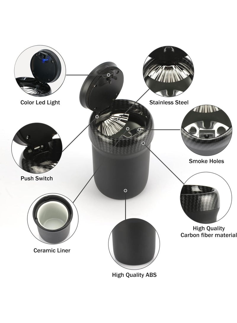 Car Ashtray with LED Color Breathing Light, Portable Smokeless Car Ashtray with Odor-Blocking Lid, Detachable Ceramic Inner Liner, Mini Car Trash Can for Cup Holder, Stainless Steel & ABS, Carbon Fiber Design - Image 4