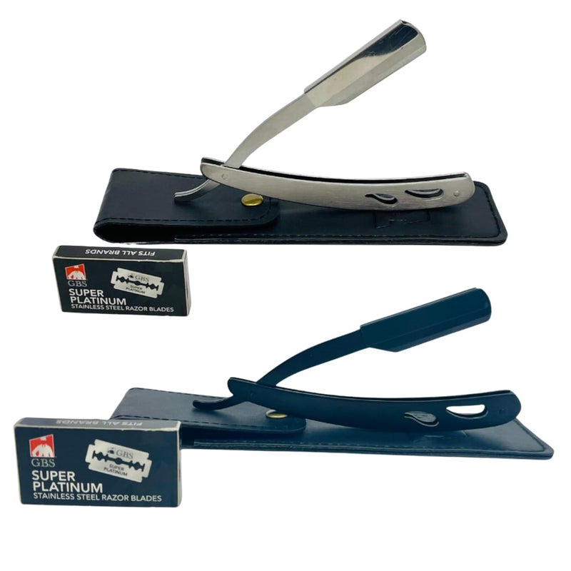 GBS Barber Straight Edge Interchangeable Razor Shavette  Chrome  Black Stainless Steel Razors with Travel Cases  20 Refill Blades Pack of 2 - Image 1