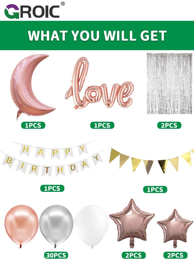 GROIC لوازم بالونات حفلات أعياد الميلاد، زينة حفلات أعياد الميلاد باللون الذهبي الوردي، لافتة عيد ميلاد سعيد، ستارة ذات أهداب ذهبية وردية، بالونات قصاصات من رقائق النجمة للنساء والفتيات وحفلات أعياد الميلاد - Image 2