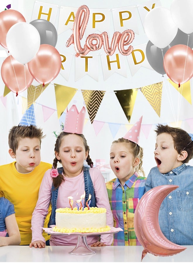 GROIC لوازم بالونات حفلات أعياد الميلاد، زينة حفلات أعياد الميلاد باللون الذهبي الوردي، لافتة عيد ميلاد سعيد، ستارة ذات أهداب ذهبية وردية، بالونات قصاصات من رقائق النجمة للنساء والفتيات وحفلات أعياد الميلاد - Image 3