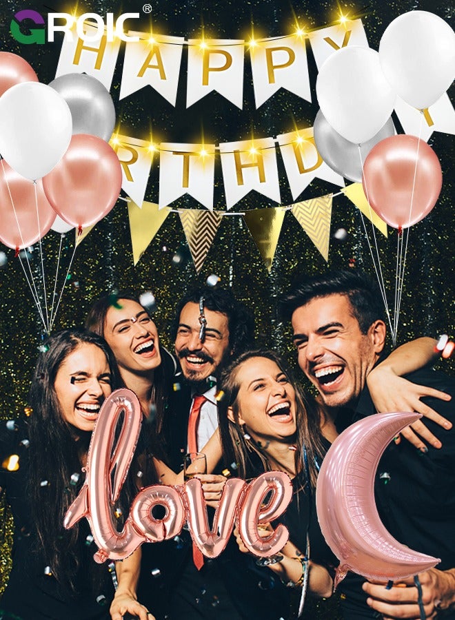 GROIC لوازم بالونات حفلات أعياد الميلاد، زينة حفلات أعياد الميلاد باللون الذهبي الوردي، لافتة عيد ميلاد سعيد، ستارة ذات أهداب ذهبية وردية، بالونات قصاصات من رقائق النجمة للنساء والفتيات وحفلات أعياد الميلاد - Image 4