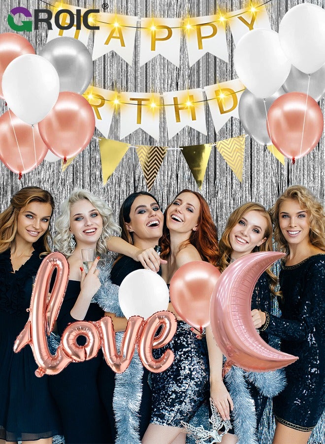 GROIC لوازم بالونات حفلات أعياد الميلاد، زينة حفلات أعياد الميلاد باللون الذهبي الوردي، لافتة عيد ميلاد سعيد، ستارة ذات أهداب ذهبية وردية، بالونات قصاصات من رقائق النجمة للنساء والفتيات وحفلات أعياد الميلاد - Image 5