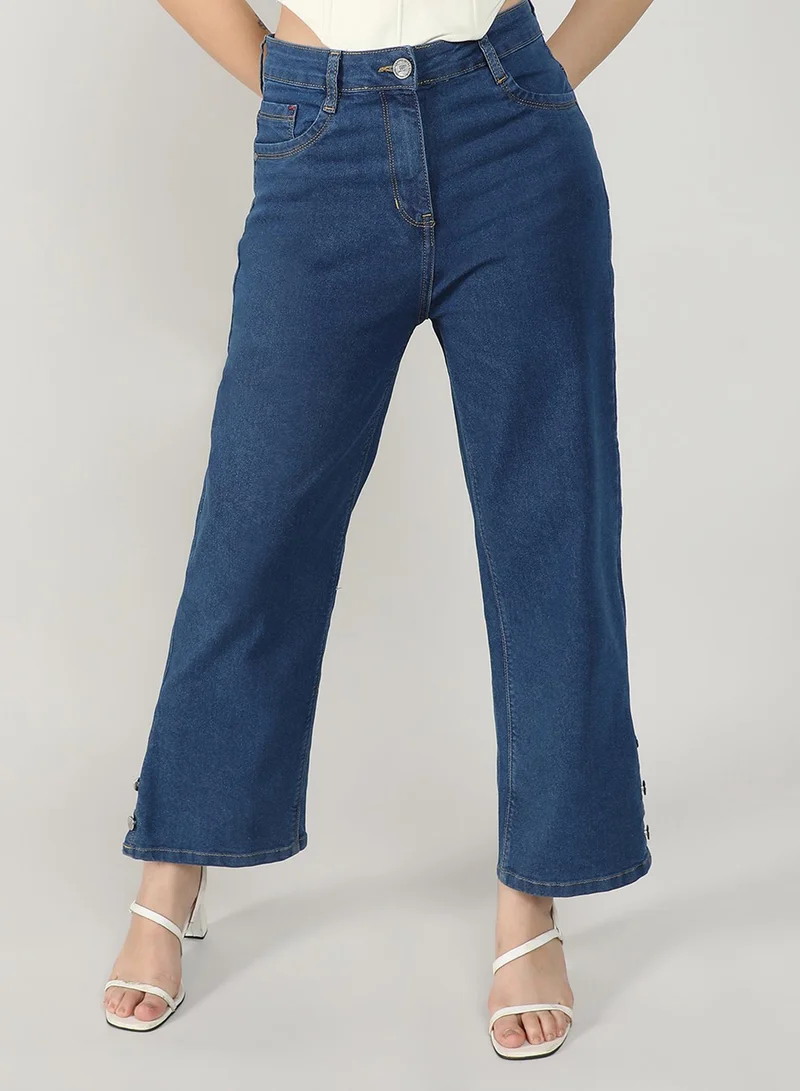 كامبوس سوترا Campus Sutra Women's Blue Mid-Rise Baggy Denim Jeans For Casual Wear | Medium-Wash | 5 Pockets | Button Closure | Denim Jeans Crafted With Comfort Fit For Everyday Wear