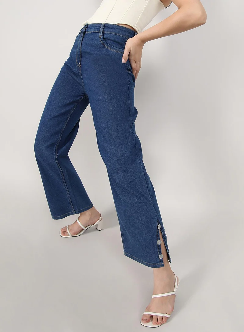 كامبوس سوترا Campus Sutra Women's Blue Mid-Rise Baggy Denim Jeans For Casual Wear | Medium-Wash | 5 Pockets | Button Closure | Denim Jeans Crafted With Comfort Fit For Everyday Wear