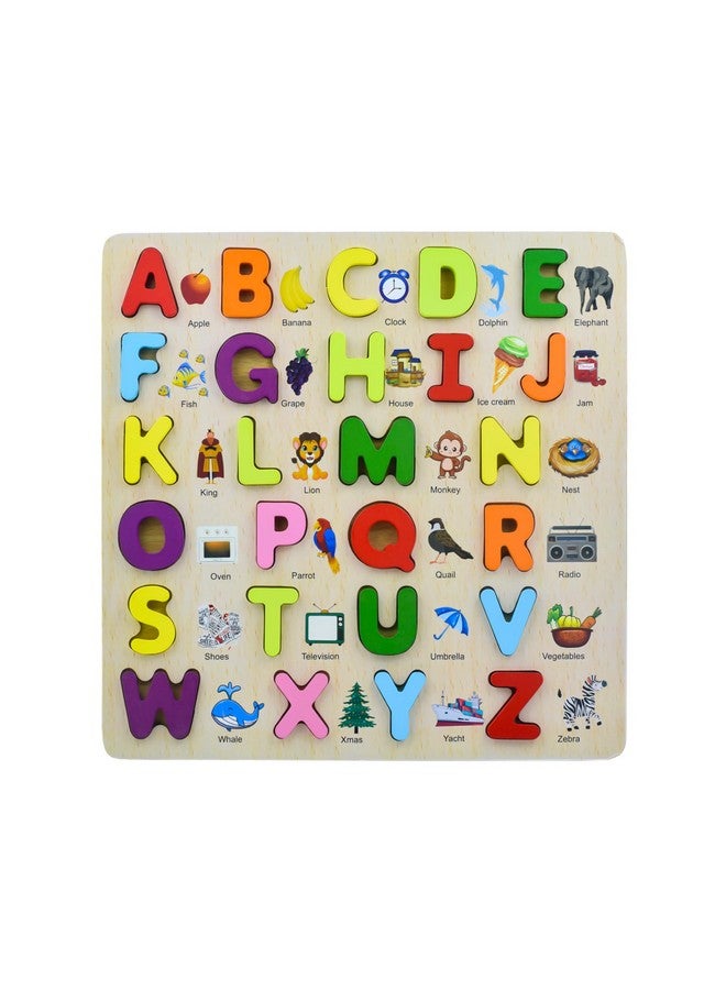 wishkey 3d wooden capital alphabet puzzles with pictures for children, montessori educational learning letters puzzle board toy- Multi color - Image 1