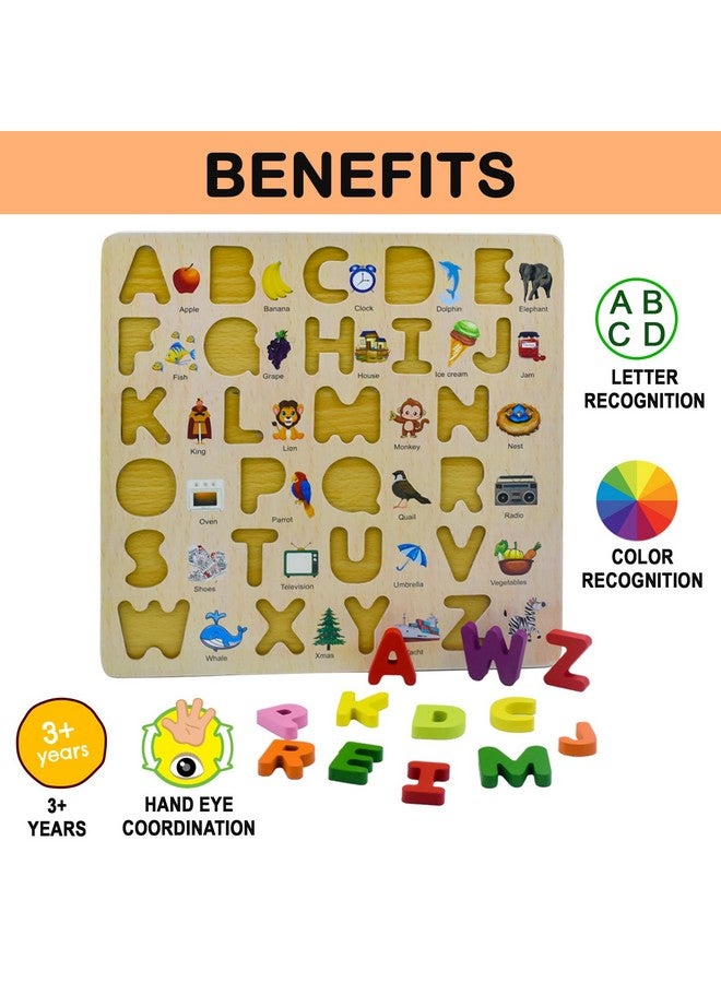 wishkey 3d wooden capital alphabet puzzles with pictures for children, montessori educational learning letters puzzle board toy- Multi color - Image 3