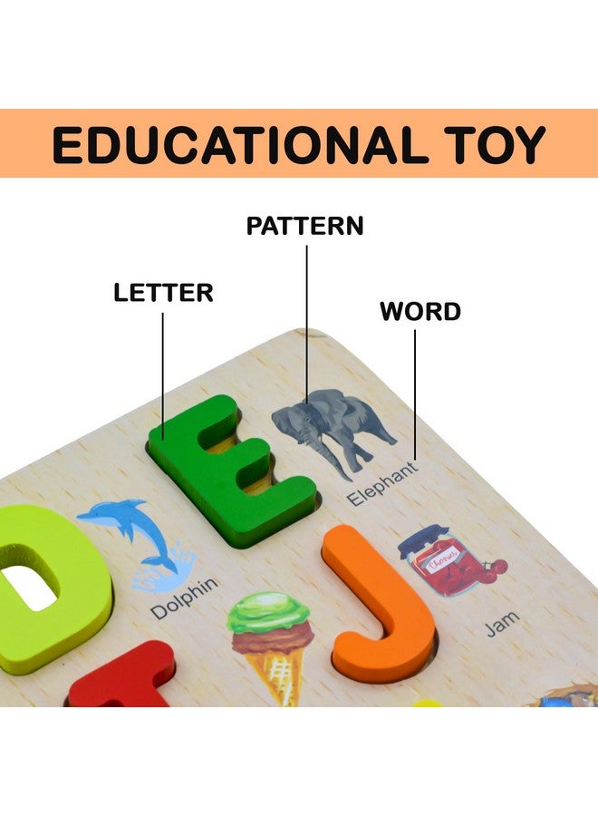 wishkey 3d wooden capital alphabet puzzles with pictures for children, montessori educational learning letters puzzle board toy- Multi color - Image 2