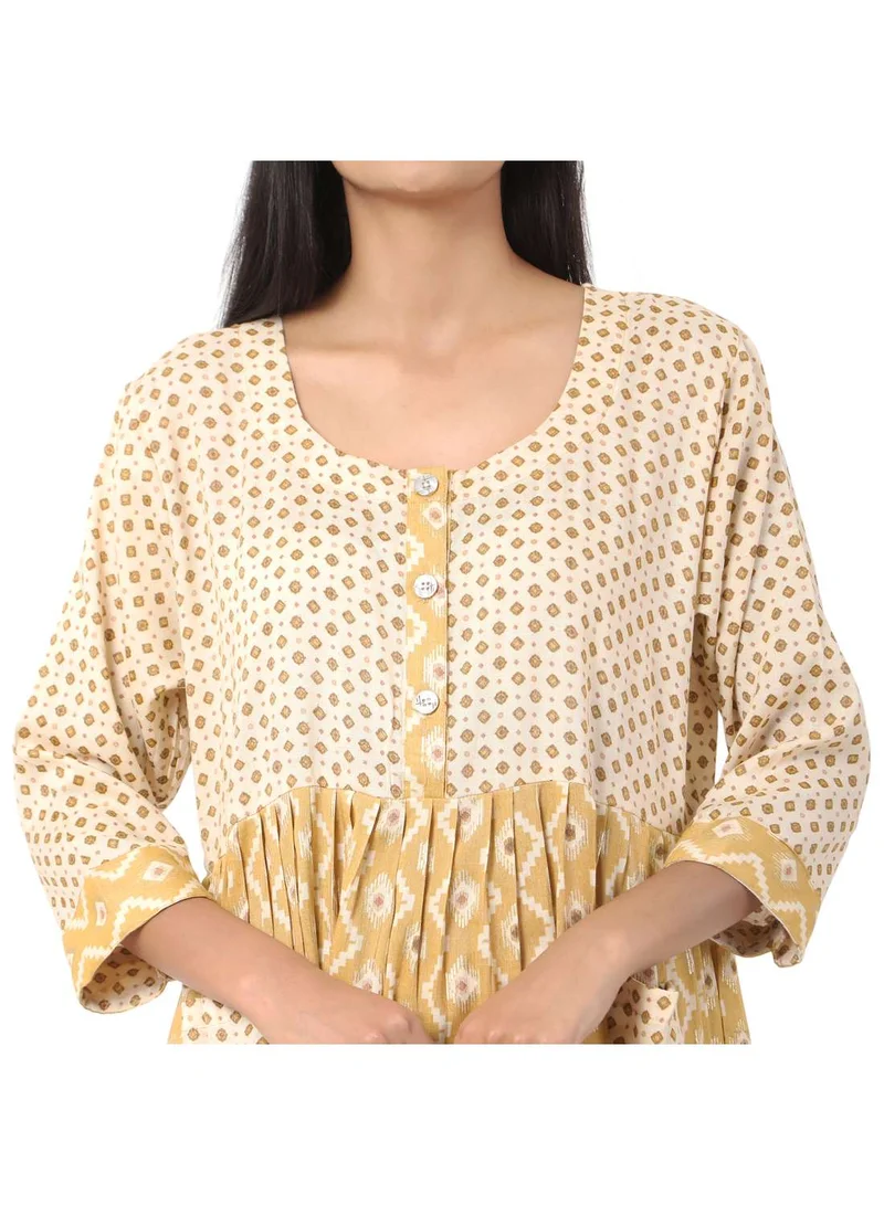 HANA & SARA SHORT YELLOW COLOUR STYLISH HIGH QUALITY PRINTED WITH FRONT BUTTONED STYLED ARABIC KAFTAN JALABIYA DRESS