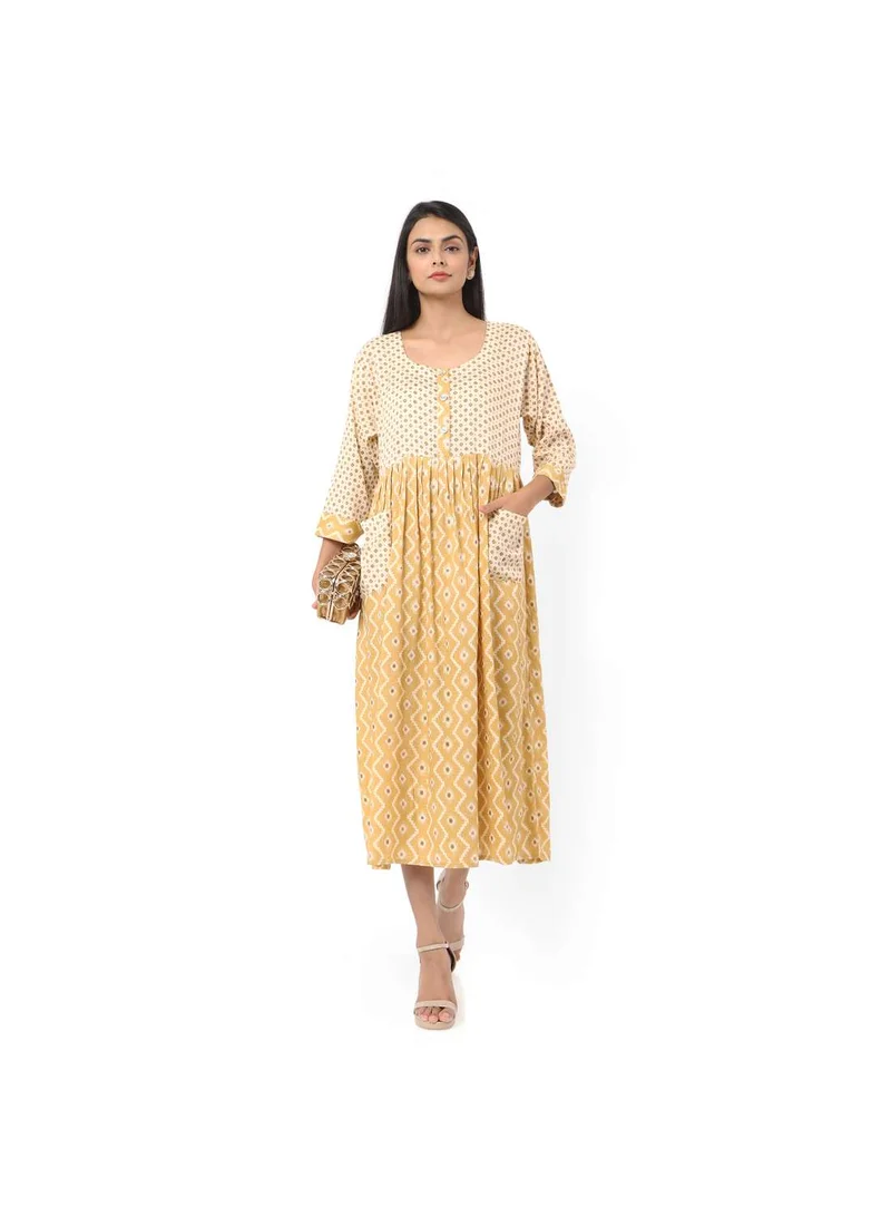 HANA & SARA SHORT YELLOW COLOUR STYLISH HIGH QUALITY PRINTED WITH FRONT BUTTONED STYLED ARABIC KAFTAN JALABIYA DRESS