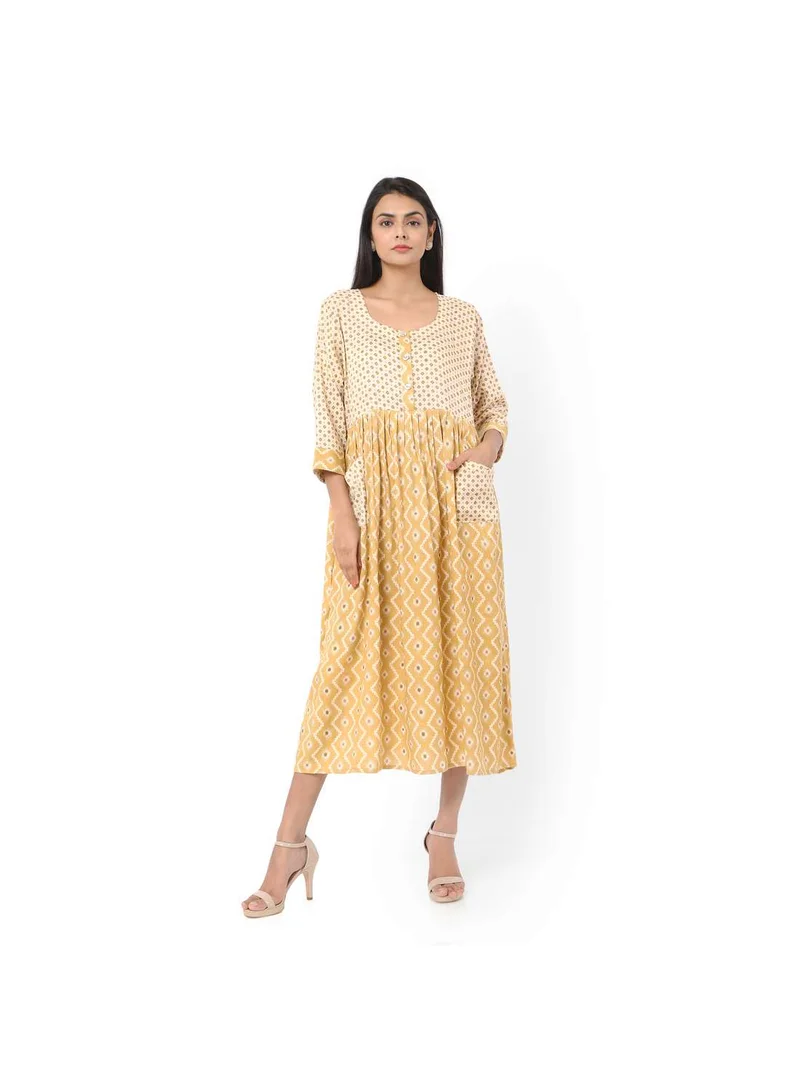HANA & SARA SHORT YELLOW COLOUR STYLISH HIGH QUALITY PRINTED WITH FRONT BUTTONED STYLED ARABIC KAFTAN JALABIYA DRESS