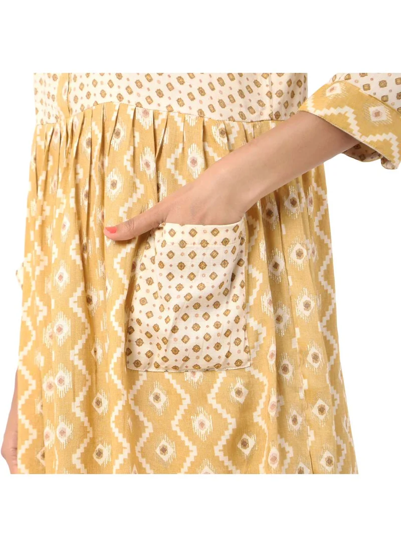 HANA & SARA SHORT YELLOW COLOUR STYLISH HIGH QUALITY PRINTED WITH FRONT BUTTONED STYLED ARABIC KAFTAN JALABIYA DRESS