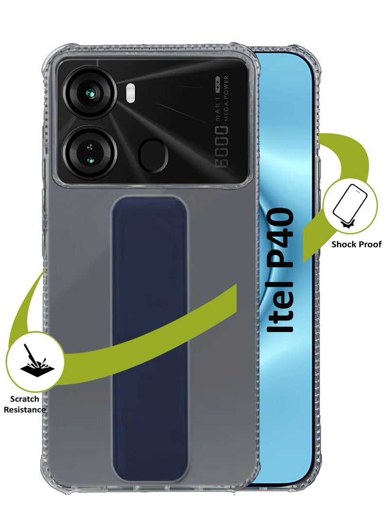 غطاء شفاف مضاد للصدمات من السيليكون لهاتف itel P40 - مع حامل يد ومثبت - شفاف/أزرق - Image 2
