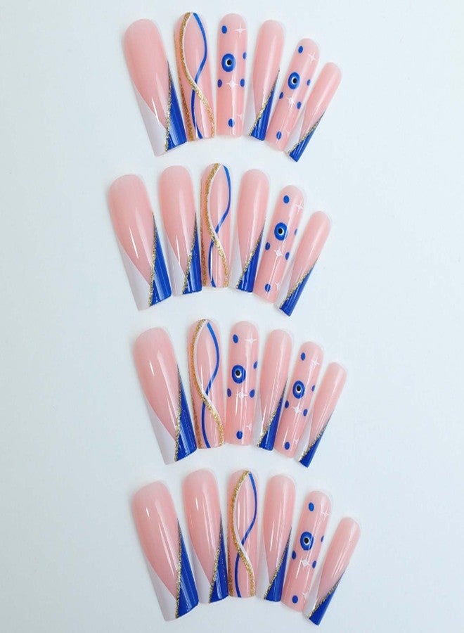 YoYoee Blue Ballerina Nails Tips French False Nails Long Square Press on Nails Swirl Fake Nails for Women and Girls 24PCS - Image 3