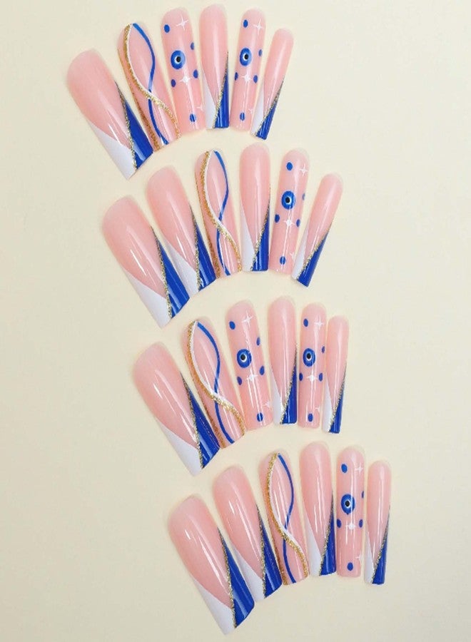YoYoee Blue Ballerina Nails Tips French False Nails Long Square Press on Nails Swirl Fake Nails for Women and Girls 24PCS - Image 2